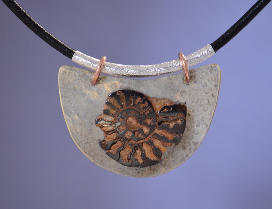 Fossilized Ammonite Necklace with Hammered Silver Plate Half Moon & Silver Tube on Leather Cord