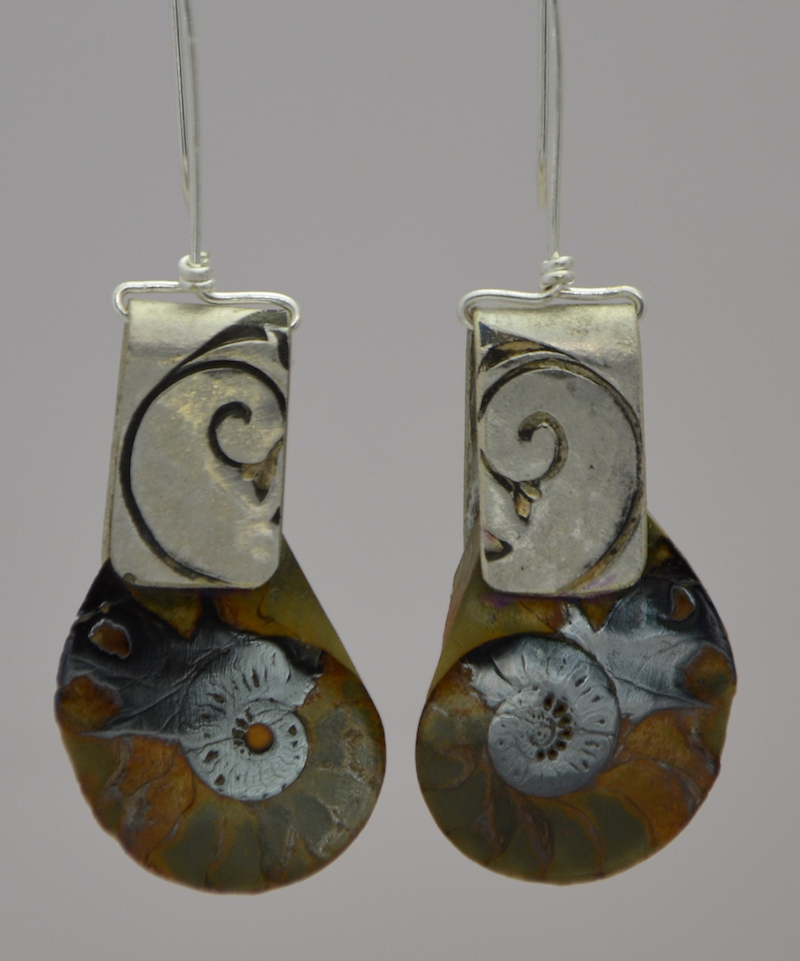 Fossilized Ammonite Earrings with Embossed Silver Plate (recycled) on S.Silver Wires