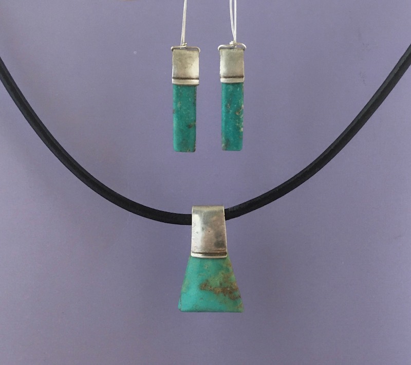 Kingman Turquoise Necklace Set with Hammered Silver Plate Edging (recycled) on Leather Cord