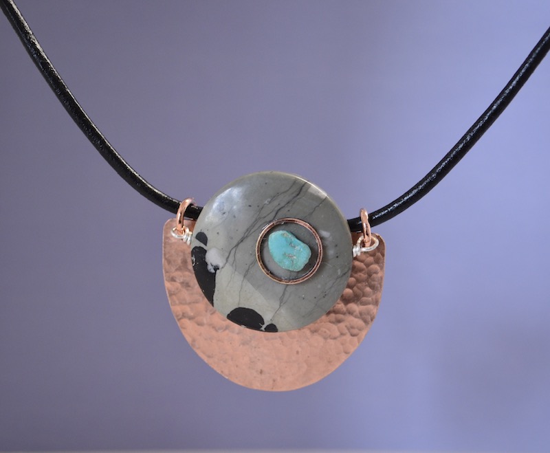 Grey & Black Landscape Jasper Stone Necklace with Hammered Copper on Leather Cord