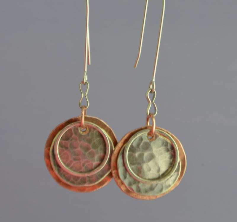 Eclipse Earrings - Hammered Silver Plate & Copper with Silver Rings on S.Silver Wires