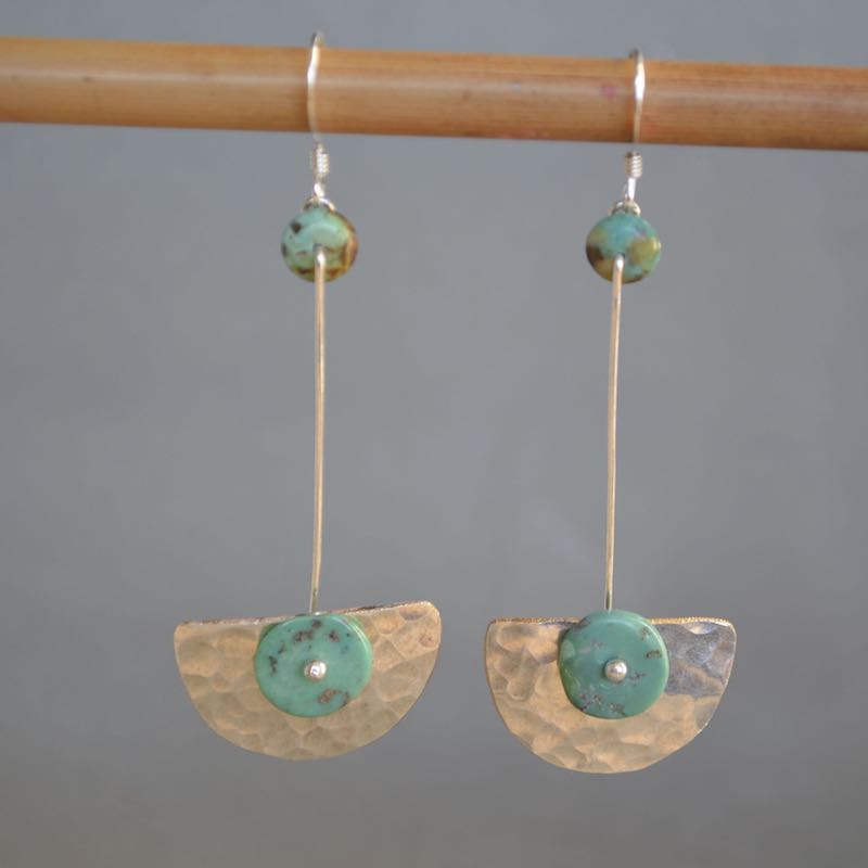 Half Moon Earrings - Hammered Silver Plate with Turquoise Wafers on S.Silver Wires