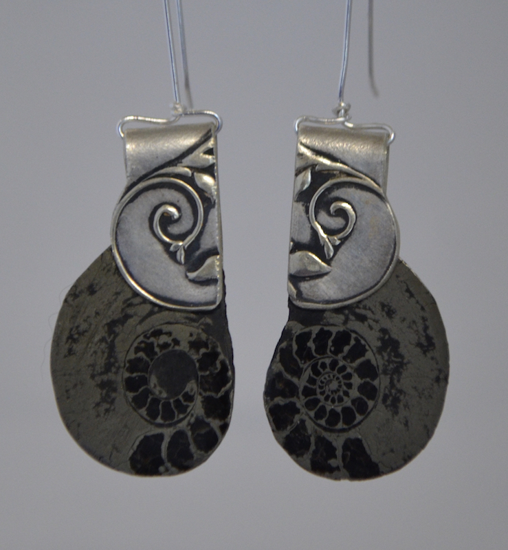 Fossilized Pyrite Ammonite Earrings with Embossed Silver Plate (recycled) on S.Silver Wires