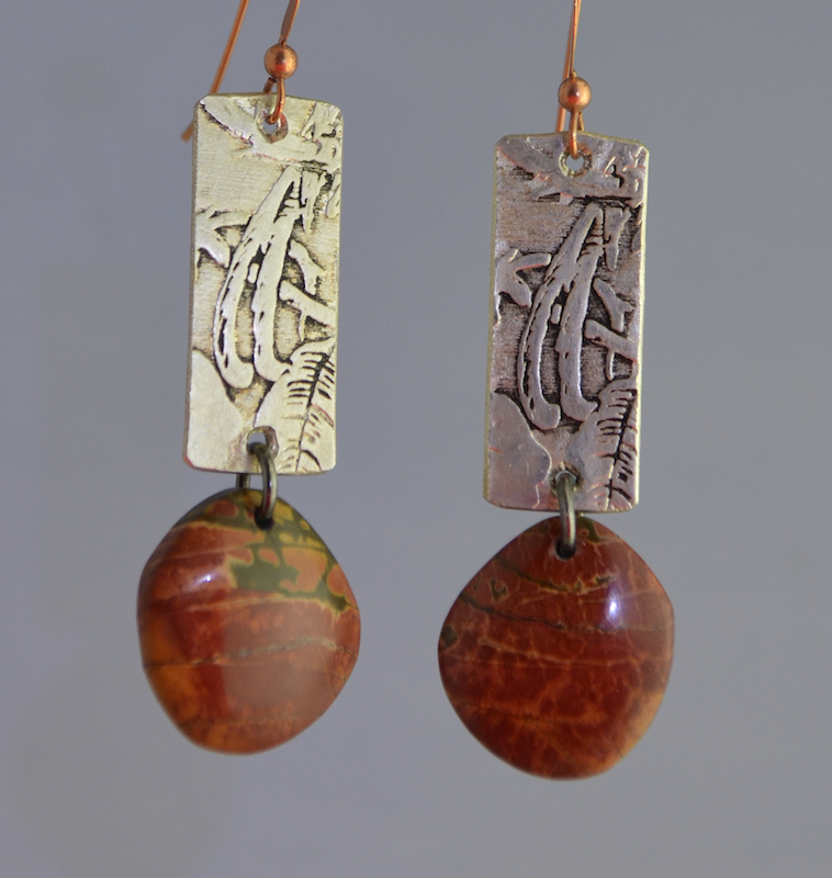 Red Creek Jasper Drop Earrings with Embossed Sterling Silver (recycled) on Copper Wires