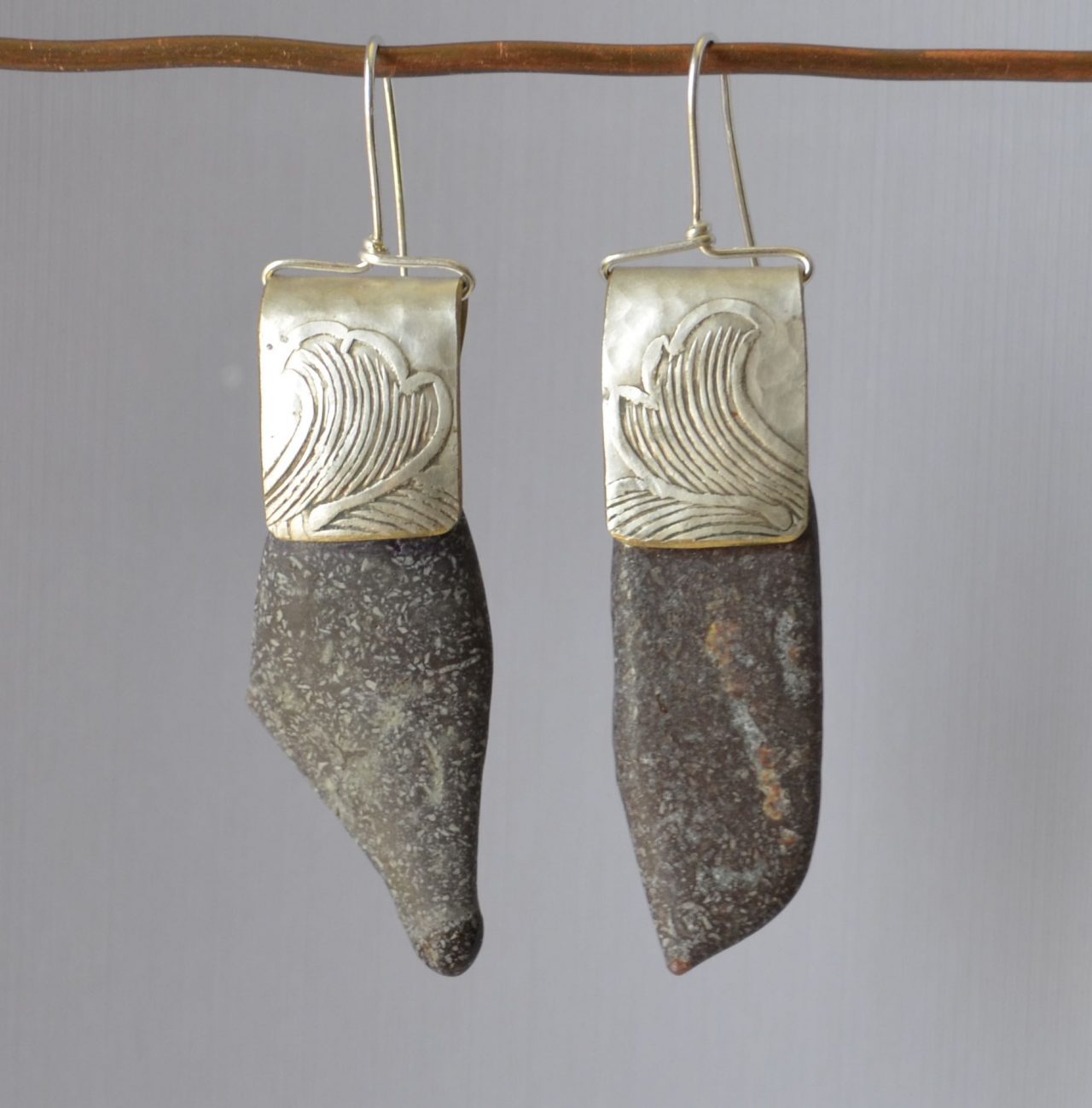 Fossilized Dinosaur Bone Earrings with Embossed Silver Plate